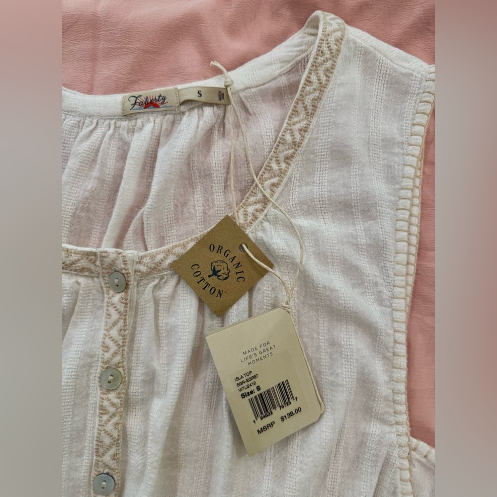 Faherty Isla Embroidered Sleeveless Top, Egert Cream, Organic Cotton, Size Small - Picture 2 of 11